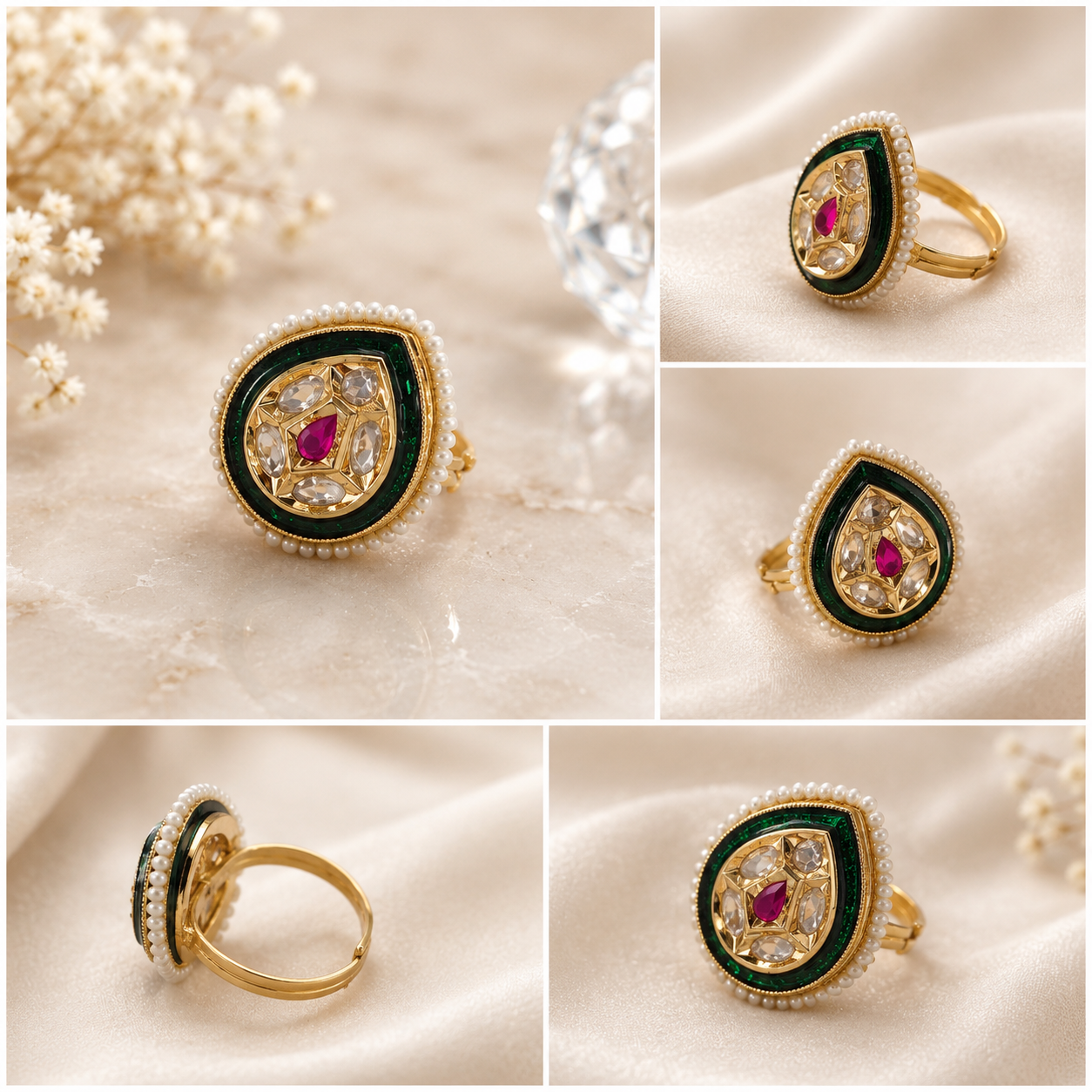 Emerald Kundan Adjustable Ring